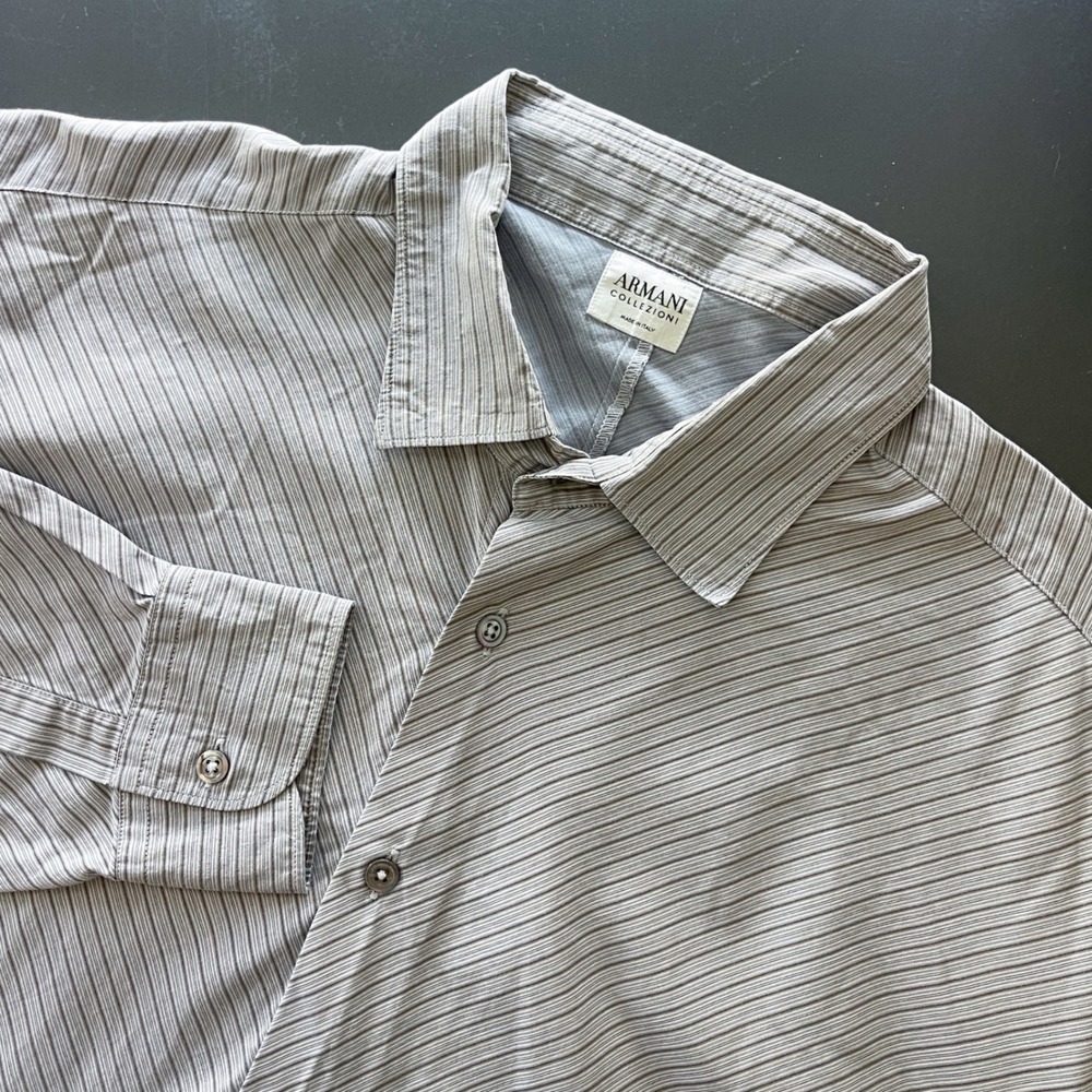 Armani Collezioni Shirt Mens 16 Medium Grey Stripe Button Up Classic‎ Italy Made